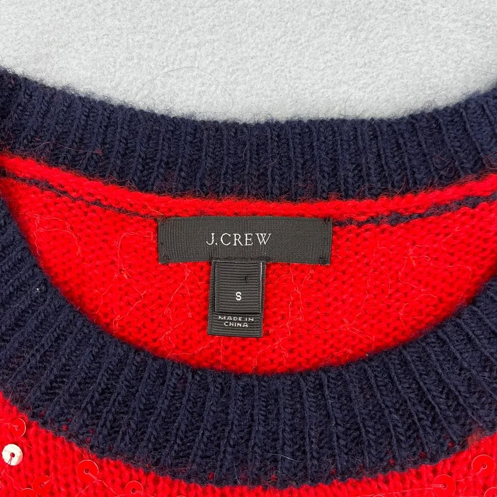 J. Crew Womens‎ Red Sequin Wool Mohair Blend Sweater Navy Trim Small
